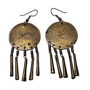 Vintage Brass Fish Wind Chime Dangle Earrings Statement Pisces Fashion Jewelry